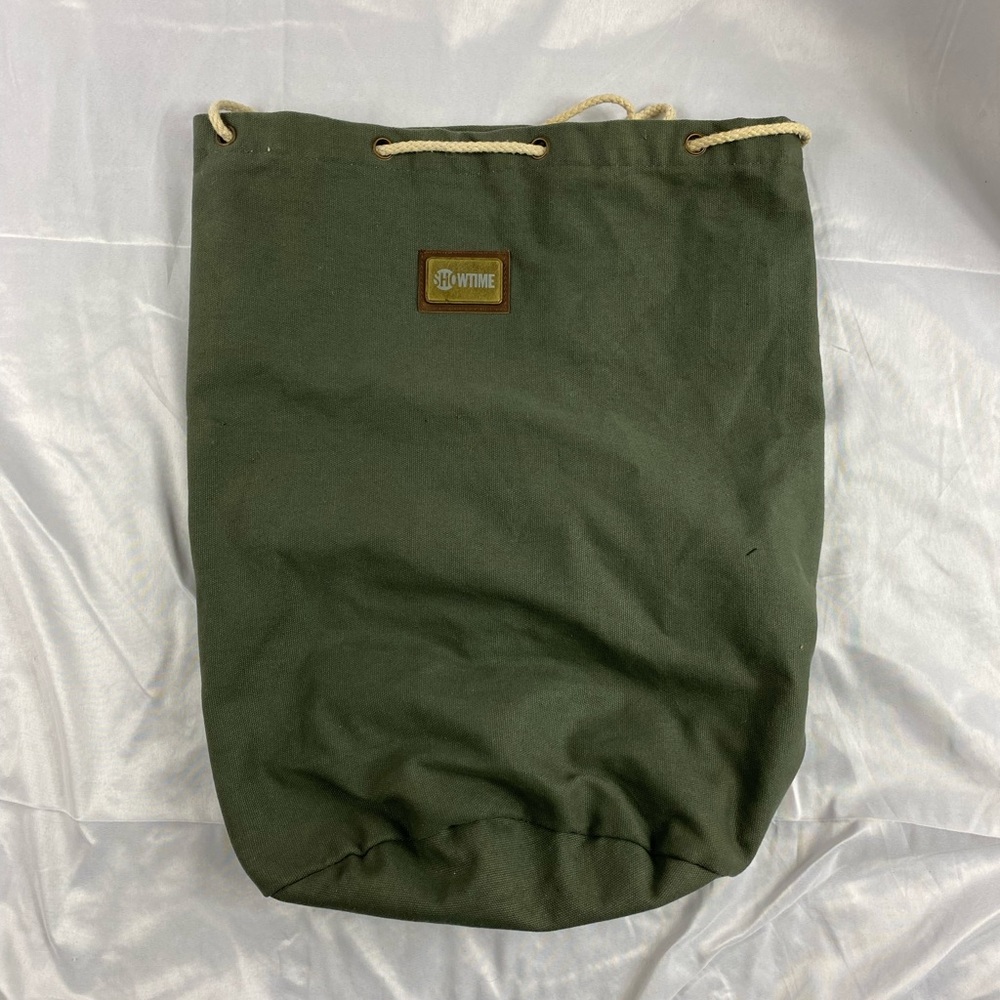 Olive green cylinder showtime origaudio drawstring bag